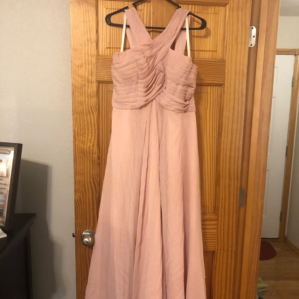 Mori Lee blush bridesmaid dress